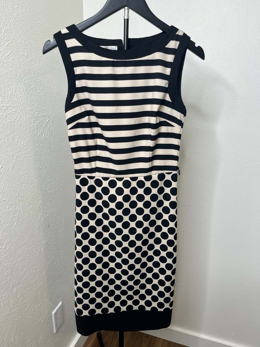 Black White Striped Polka Dot Sheath Dress Mod Retro Geometric Statement